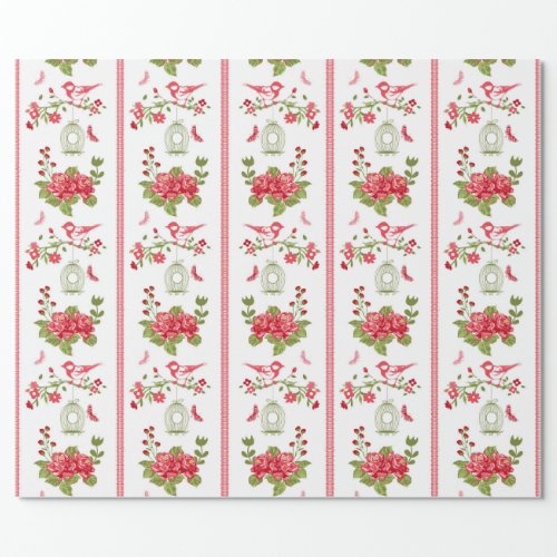 Red Roses Birds  Bird Cages Seamless Pattern Wrapping Paper