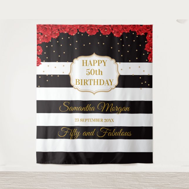 Red Roses Birthday Party Tapestry Backdrop Banner (Front)