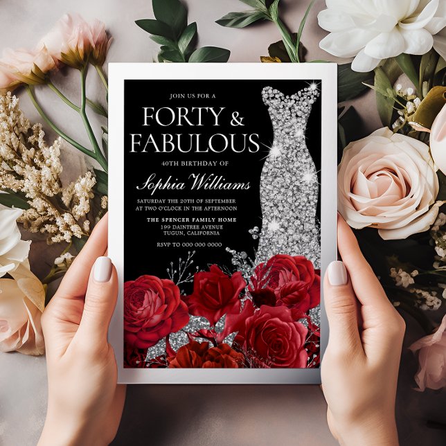 Red Roses & Black 40th Birthday Silver Foil Invitation (Creator Uploaded)