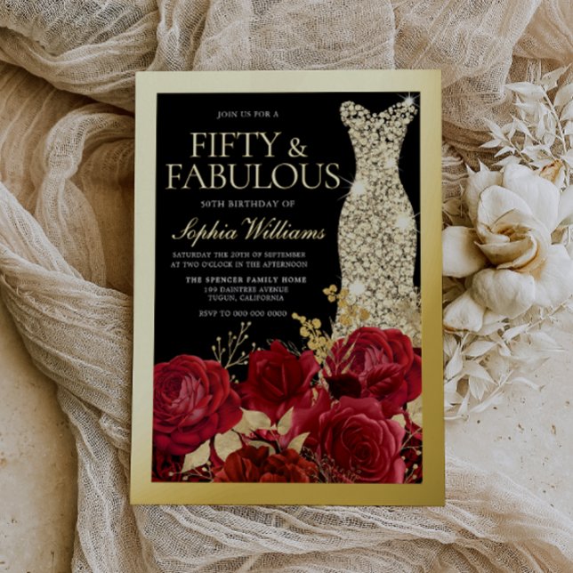 Red Roses & Black 50th Birthday Gold Foil Invitation (Creator Uploaded)