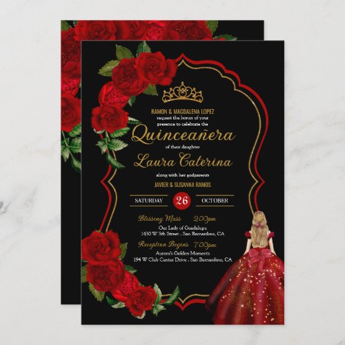 Red Roses Black and Gold Elegant Dress Quinceanera Invitation