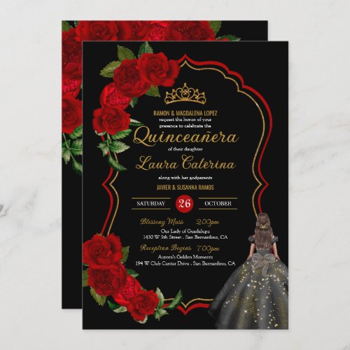 Red Roses Black and Gold Elegant Dress Quinceanera Invitation