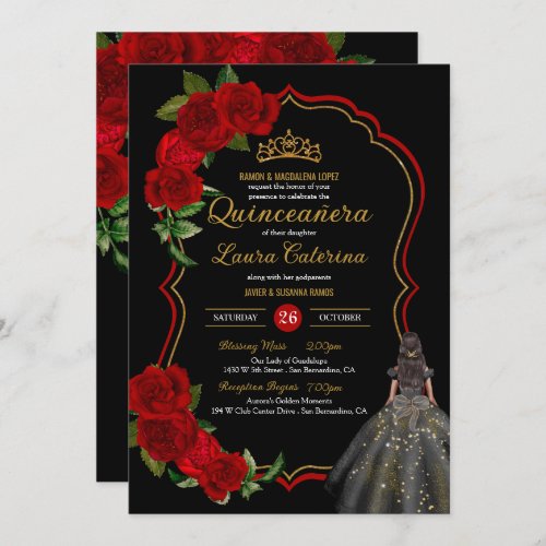 Red Roses Black and Gold Elegant Dress Quinceanera Invitation