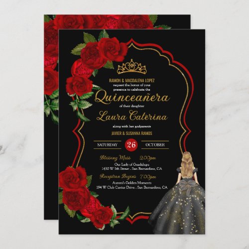 Red Roses Black and Gold Elegant Dress Quinceanera Invitation