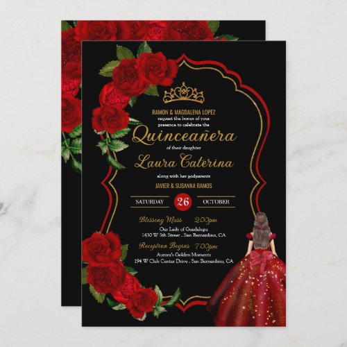 Red Roses Black and Gold Elegant Dress Quinceanera Invitation