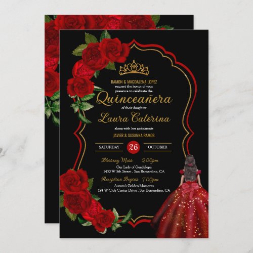 Red Roses Black and Gold Elegant Dress Quinceanera Invitation