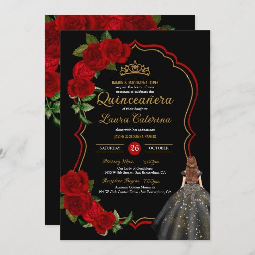 Red Roses Black and Gold Elegant Dress Quinceanera Invitation