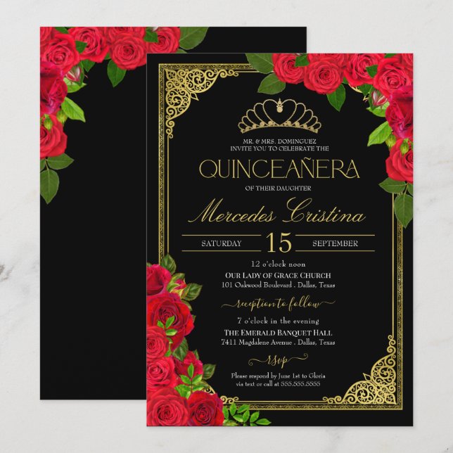 Red Roses Black and Gold Elegant Quinceañera Invit Invitation (Front/Back)