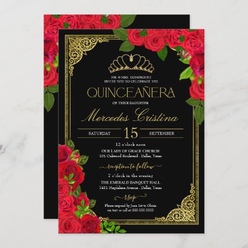 Red Roses Black and Gold Elegant Quinceaera Invit Invitation