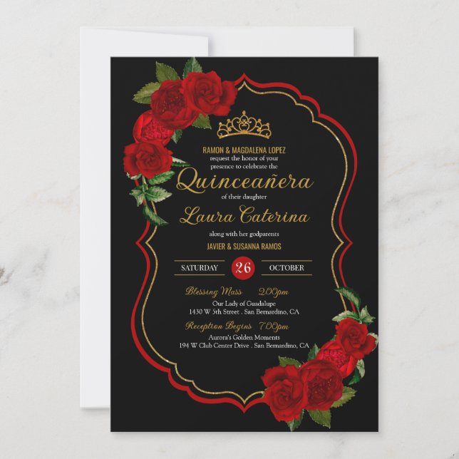 Red Roses Black and Gold Elegant Quinceanera Invitation (Front)