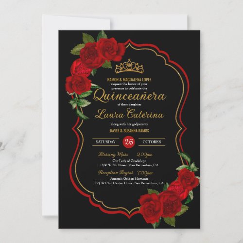 Red Roses Black and Gold Elegant Quinceanera Invitation