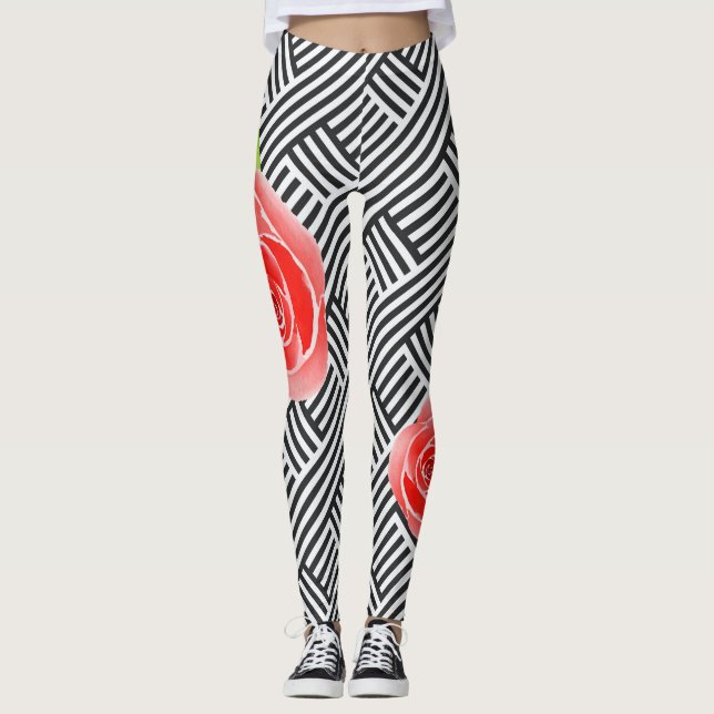 Red Roses Black and White Stripes Leggings (Front)