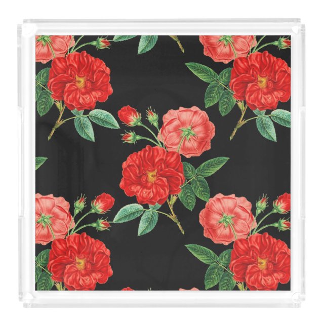 Red roses, black background, acrylic tray (Front)
