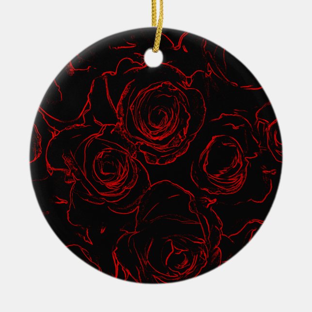 Red Roses Black Background Ceramic Ornament (Front)