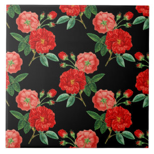 Red Roses, Black Background, Ceramic Tile