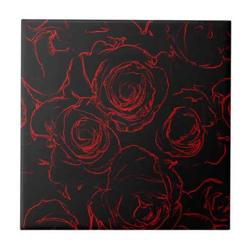 Red Roses Black Background Ceramic Tile