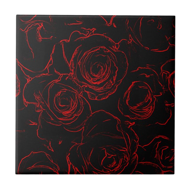 Red Roses Black Background Ceramic Tile (Front)