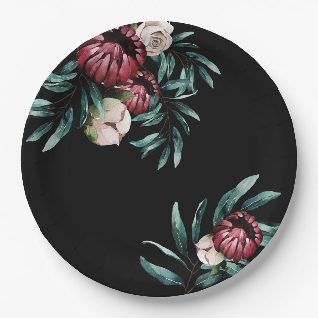 Red Roses Black Background Elegant Script Paper Plates (Front)