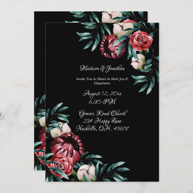 Red Roses Black Background Elegant Script Wedding Invitation (Front/Back)