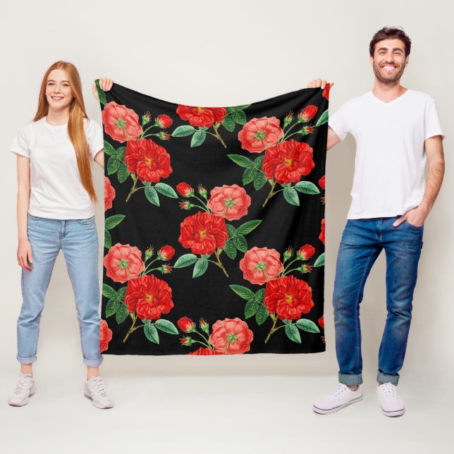Red Roses, Black Background, Fleece Blanket (In Situ)