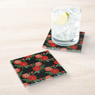 Red Roses, Black Background, Glass Coaster