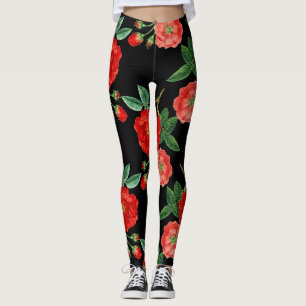 Red roses, black background, leggings