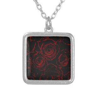 Red Roses Black Background Silver Plated Necklace