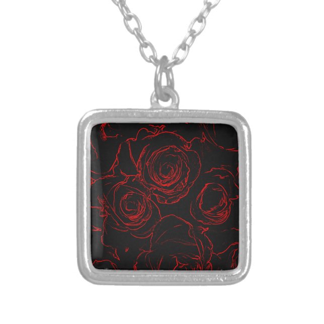 Red Roses Black Background Silver Plated Necklace (Front)