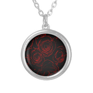 Red Roses Black Background Silver Plated Necklace