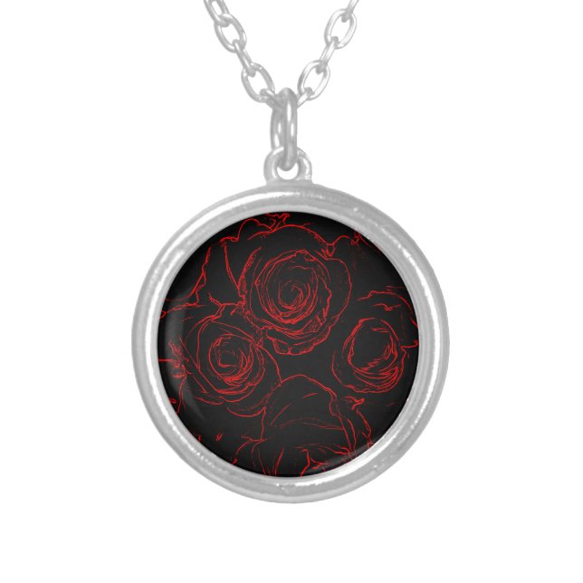 Red Roses Black Background Silver Plated Necklace (Front)
