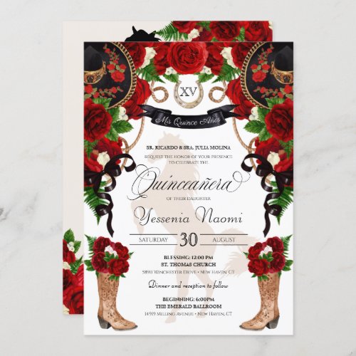 Red Roses Black Charro Western Elegant Quinceanera Invitation