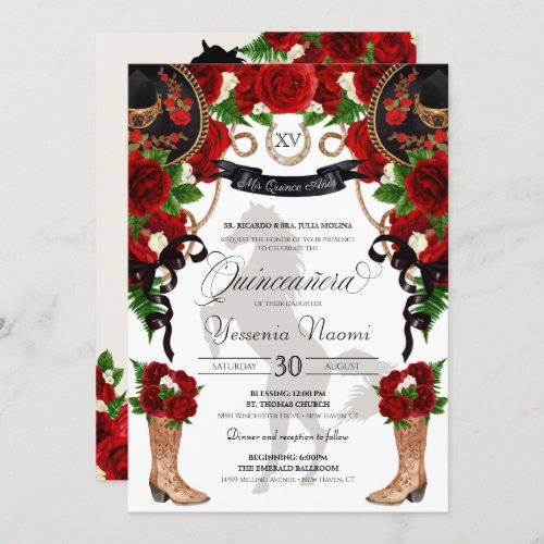 Red Roses Black Charro Western Elegant Quinceanera Invitation