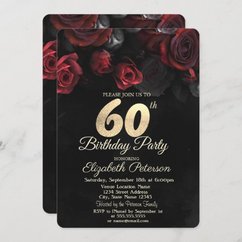 Red Roses Black Gold 60th Birthday   Invitation