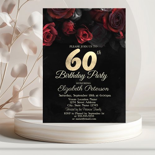 Red Roses Black Gold 60th Birthday   Invitation