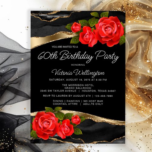 Red Roses Black Gold Any Number Birthday Invitation