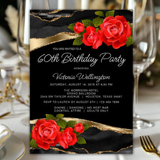 Red Roses Black Gold Any Number Birthday Invitation