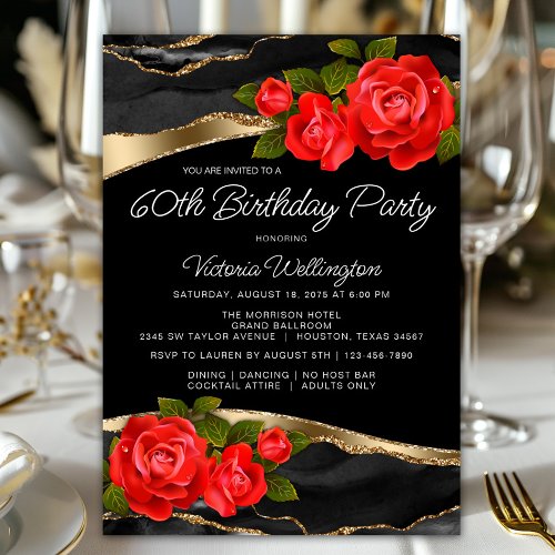 Red Roses Black Gold Any Number Birthday Invitation