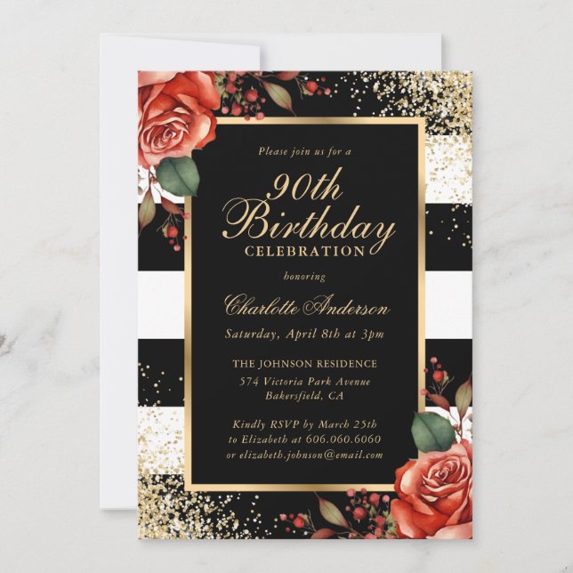 Red Roses Black Gold Confetti 90th Birthday Invitation (Front)