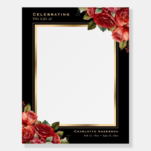 Red Roses Black Gold Floral Memorial Pin Foam Board (Front)