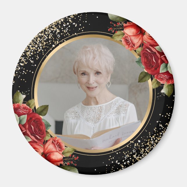 Red Roses Black Gold Floral Photo Magnet (Front)