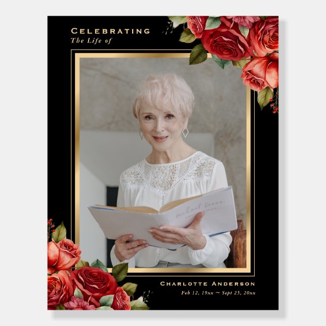 Red Roses Black Gold Floral Photo Memorial Sign (Front)
