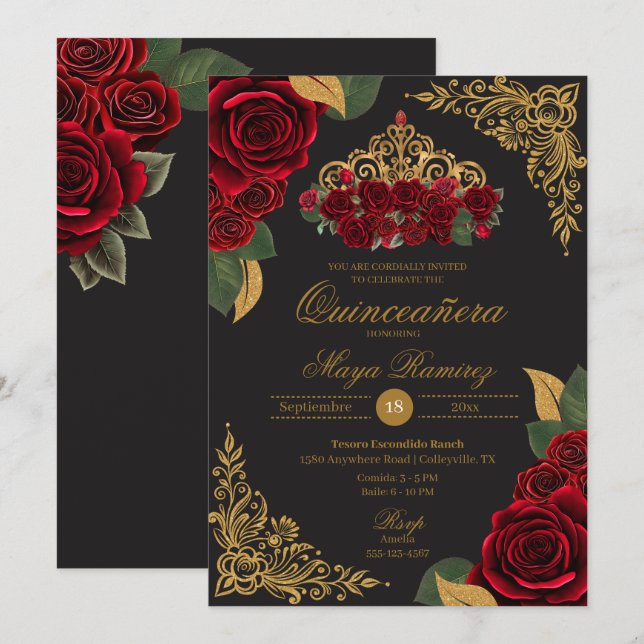 Red Roses Black Gold Glitter Tiara Quinceañera  Invitation (Front/Back)