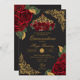 Red Roses Black Gold Glitter Tiara Quinceañera Invitation