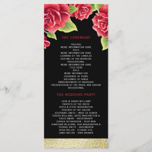 Red Roses Black & Gold Glitter Wedding Program