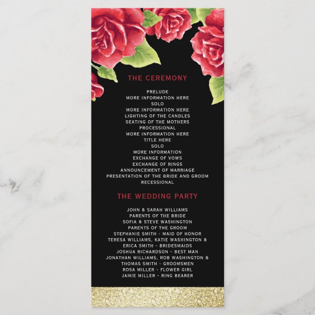 Red Roses Black & Gold Glitter Wedding Program (Front)
