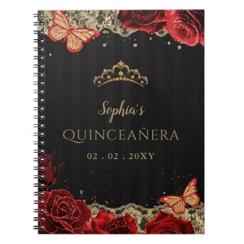 Red  Roses Black Gold Lace Quinceaera Guestbook Notebook