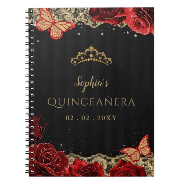 Red  Roses Black Gold Lace Quinceañera Guestbook Notebook (Front)