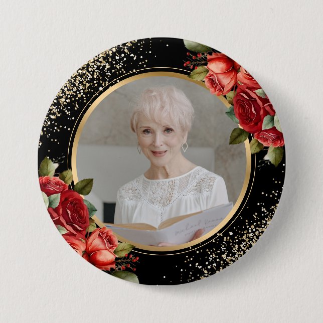 Red Roses Black Gold Photo Button (Front)