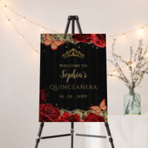 Red  Roses Black Gold Quinceañera Welcome Sign
