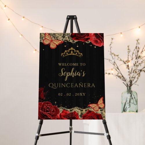 Red  Roses Black Gold Quinceaera Welcome Sign